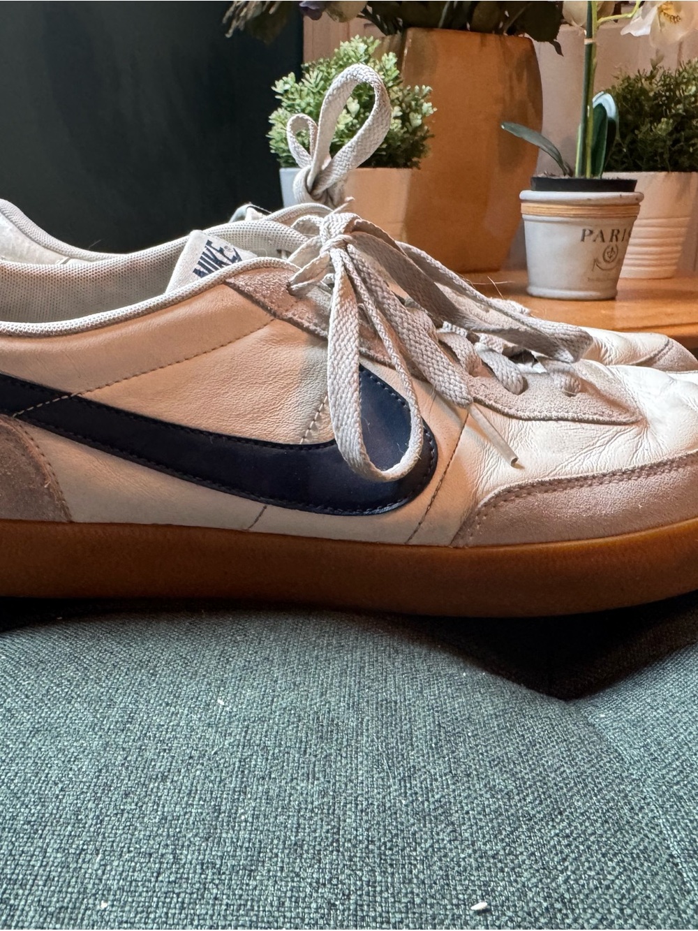 Nike Men’s White Sneakers with Navy Swoosh and Gum Sole
